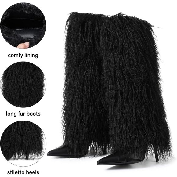 Women's Black Kalstage Fur Knee High Heeled Wide Calf Party Fashion Boots - Picture 3 of 6